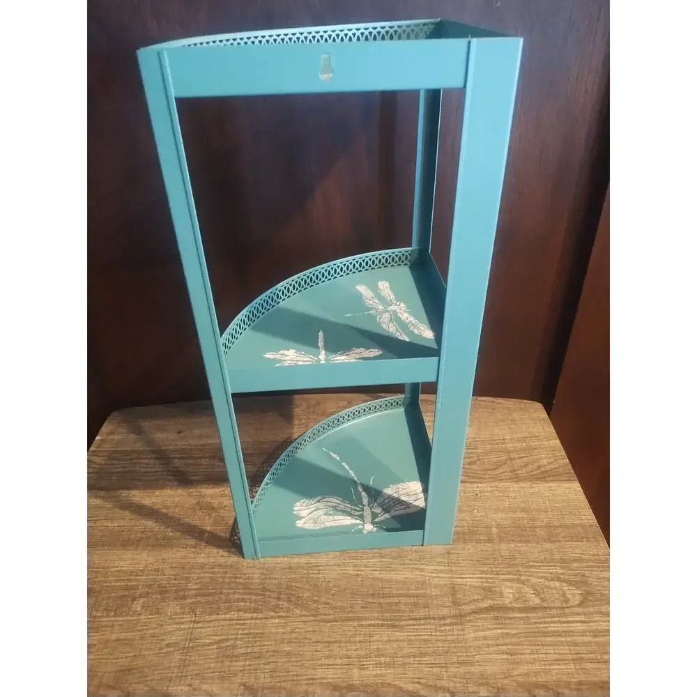 Vtg Metal Mesh Filagree Edge Corner Shelf 3 Tier Wall Hang MCM Blue Perforated